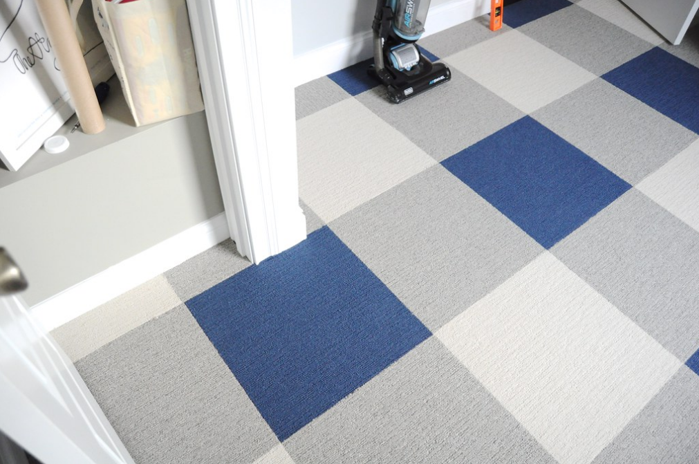 blue plaid carpet tiles image of bedroom