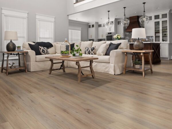 Living room scene of Shaw Floorte Pro Paladin Plus Wild Dunes luxury vinyl flooring.